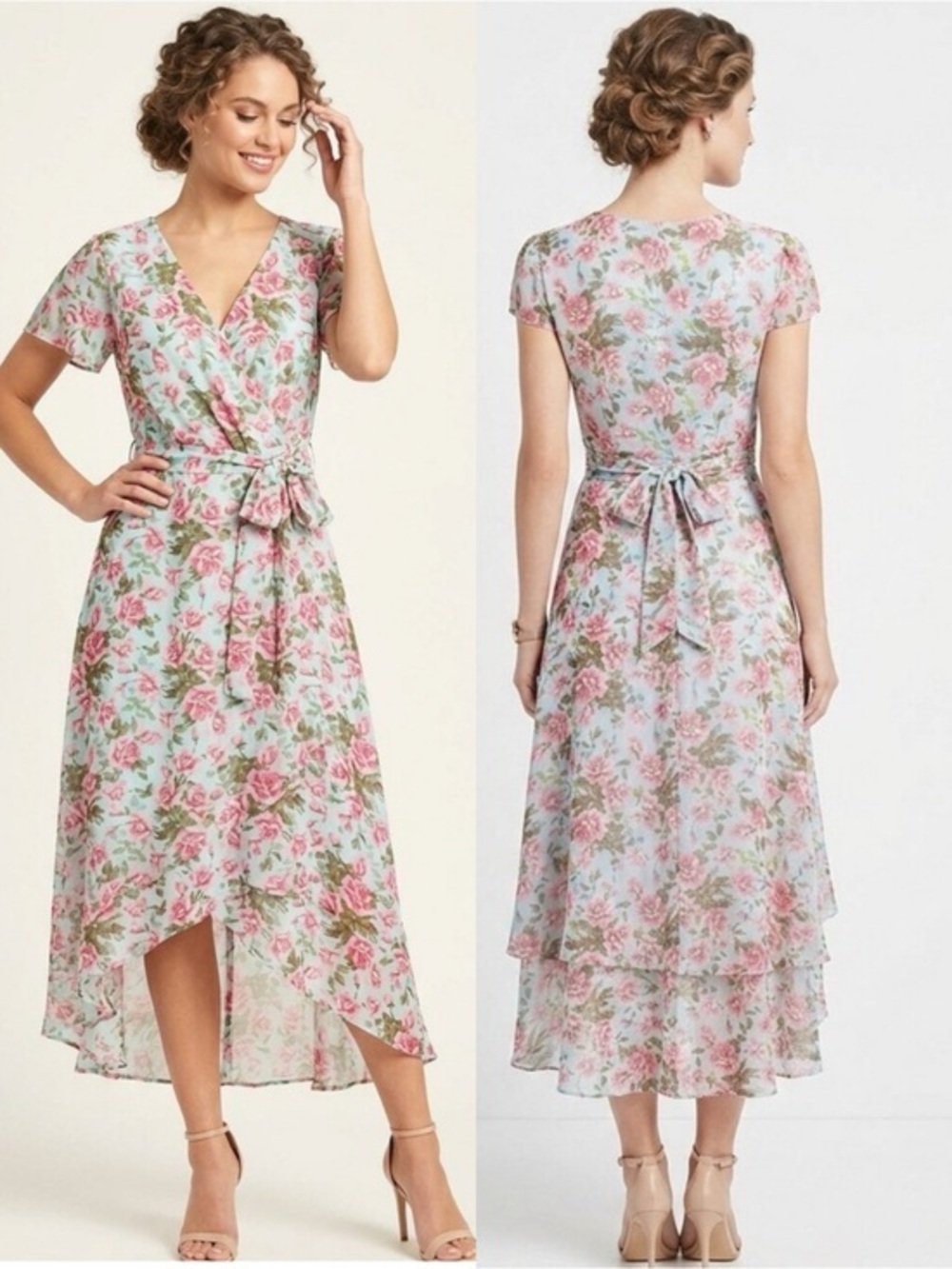 NWOT Betsy Johnson Floral Rose Print Chiffon Faux-Wrap Dress Size 14 Romantic